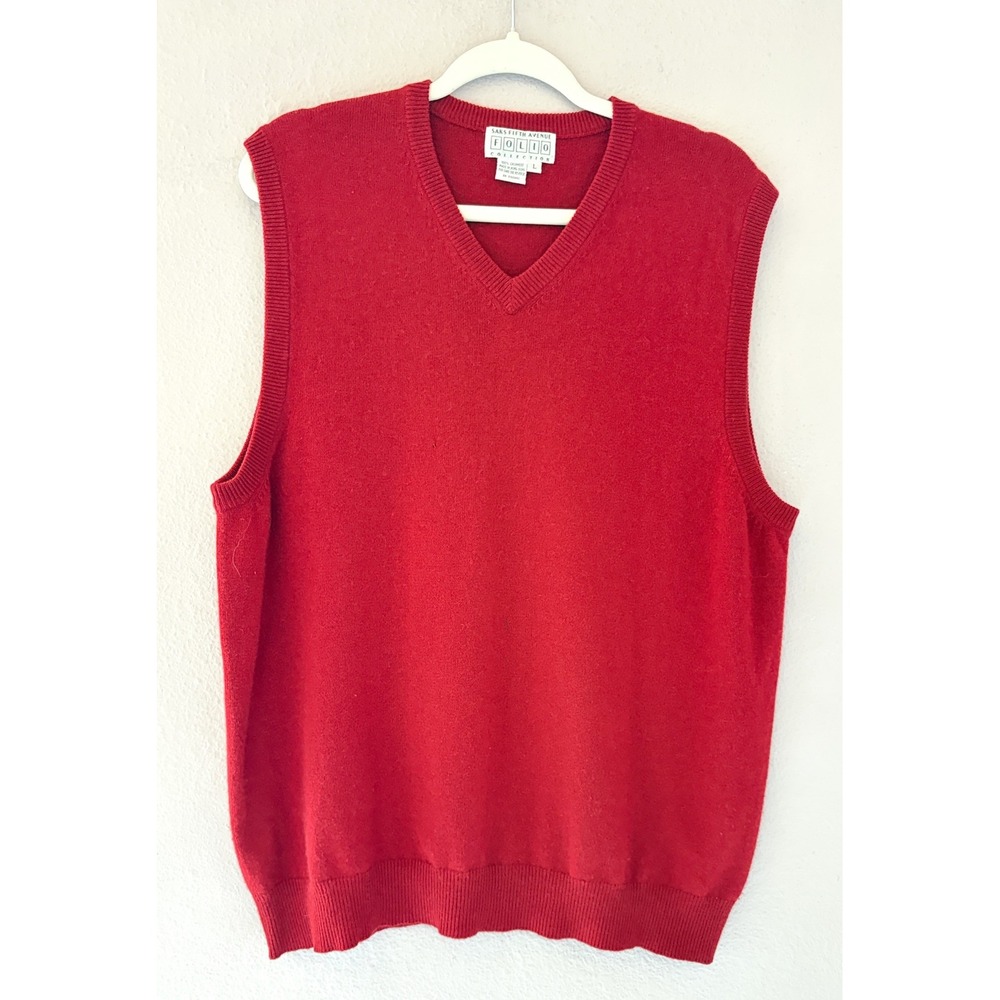 Saks Fifth Avenue Folio Mens Red 100% Cashmere V‎ Neck Sweater Vest Old Money L